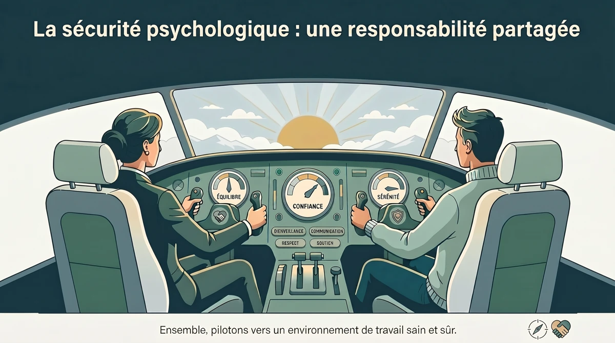 Illustration d’un cockpit où deux personnes pilotent ensemble, représentant la responsabilité partagée en santé et sécurité du travail et la gestion de la sécurité psychologique.